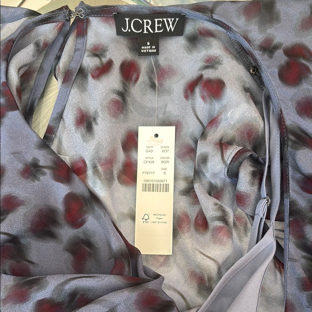 J. Crew Ruffled Chiffon Cap Sleeve Blouse Blue Grey with Cherry Print Size XS - Picture 6 of 10